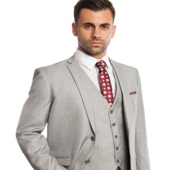 Light Grey Suit - Silver Gray Suit For Wedding - Men's Two Button Vested Busines - Picture 1 of 2